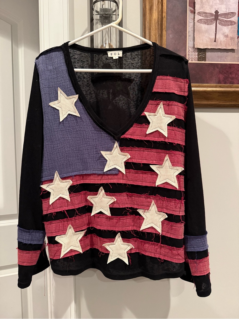 POL Women’s Black V-Neck Patchwork Top with Red & Blue Accents